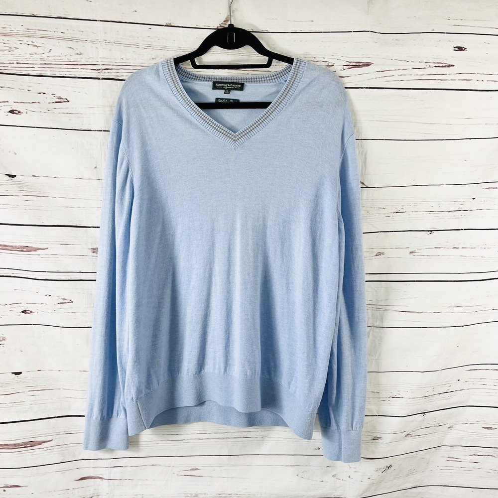 Fairway & Greene Sweater Mens XL Blue V-Neck‎ Long Sleeves Wool Cashmere Blend